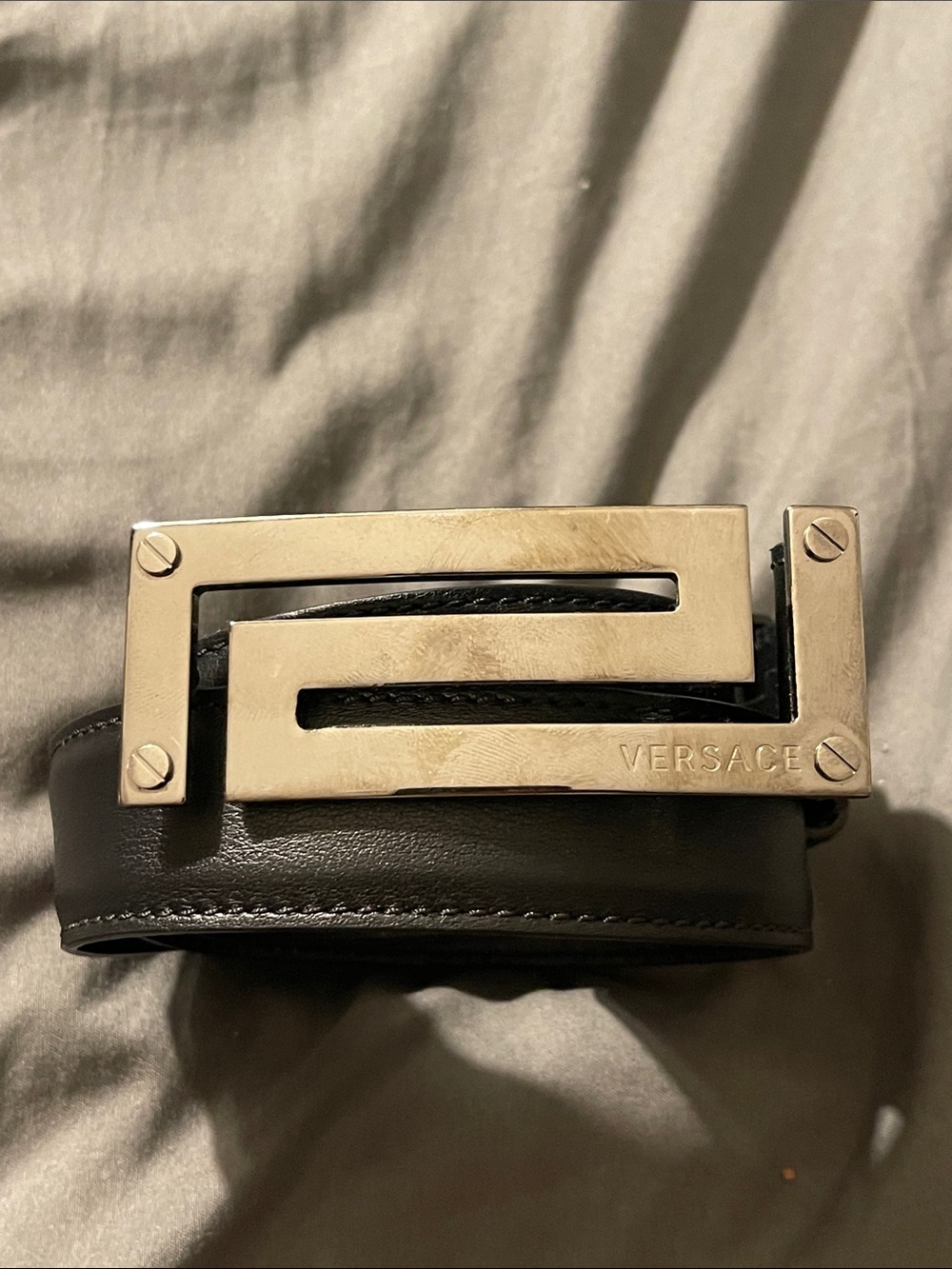 Versace Black Leather Belt with Silver Geometric Logo Buckle